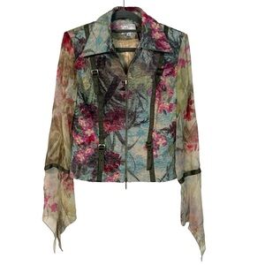 Alberto Makali Floral Sheer Mesh Jacket Size 8 Boho Artsy Statement Avant Garde
